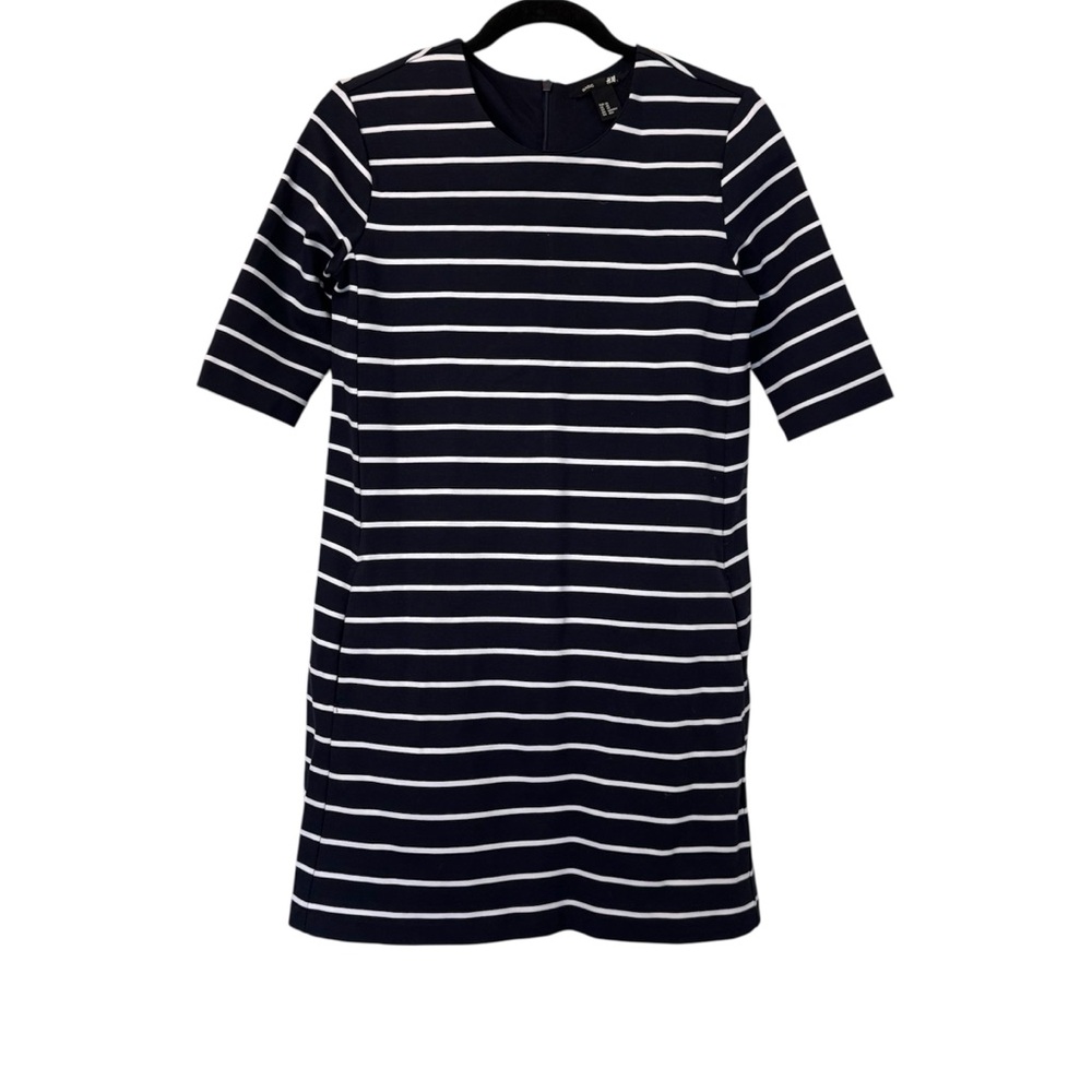 H&M Striped Short Sleeve Mini Dress Navy Blue & White‎